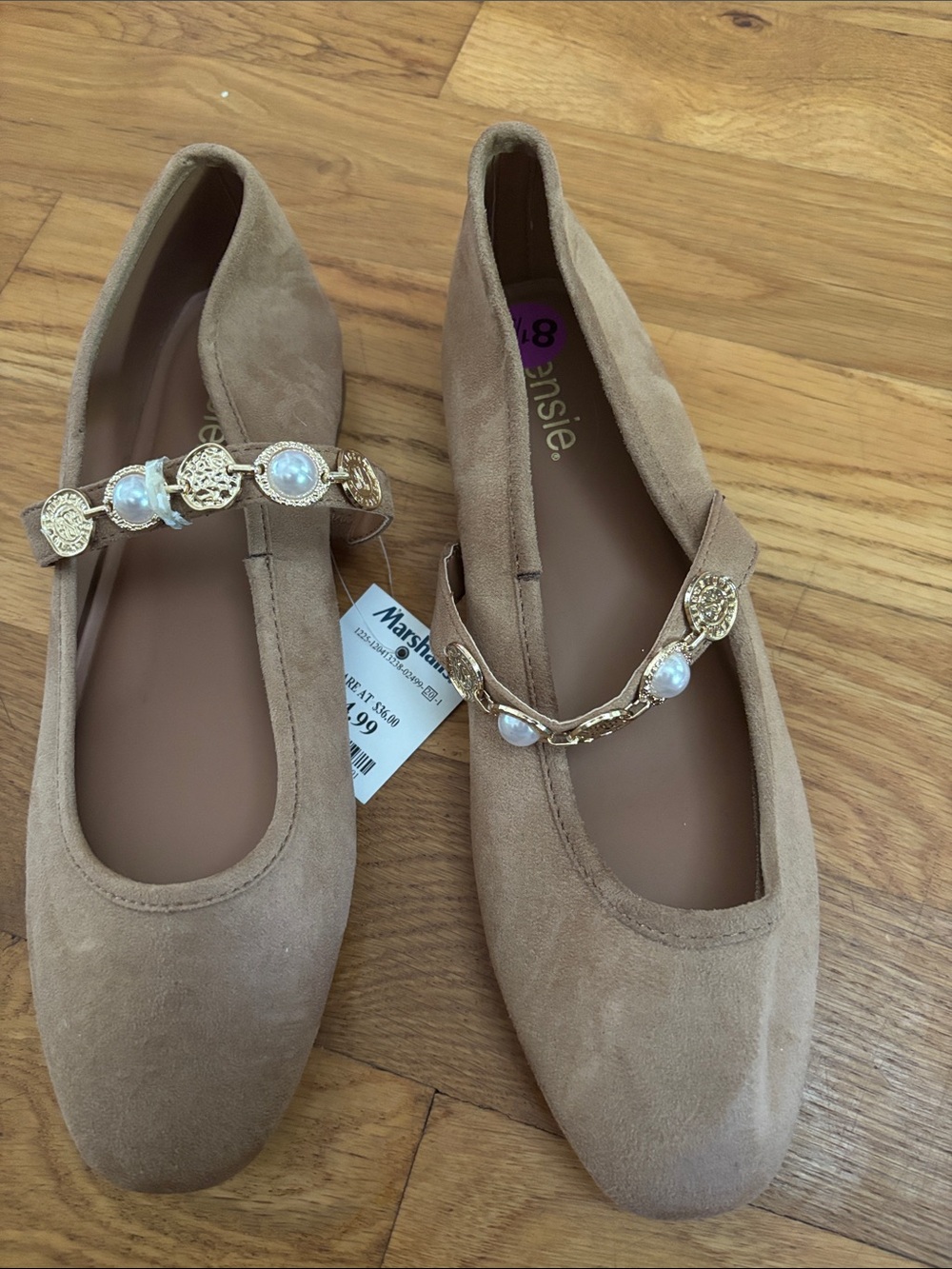 NEW Kensie Women's Mary Jane Ballet Flats Size 8.5 Beige Suede Embellished